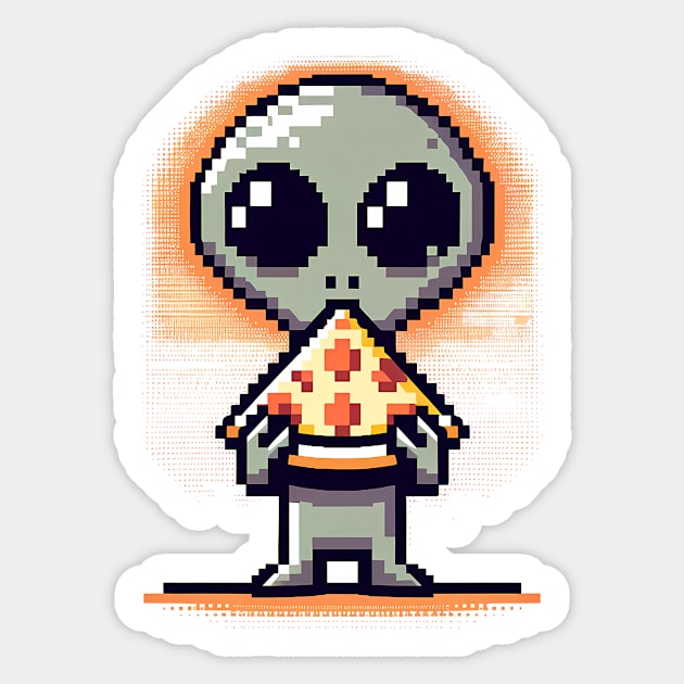 Funny Alien Eating Pizza, Cute Pixel Style Sticker by logiamerch